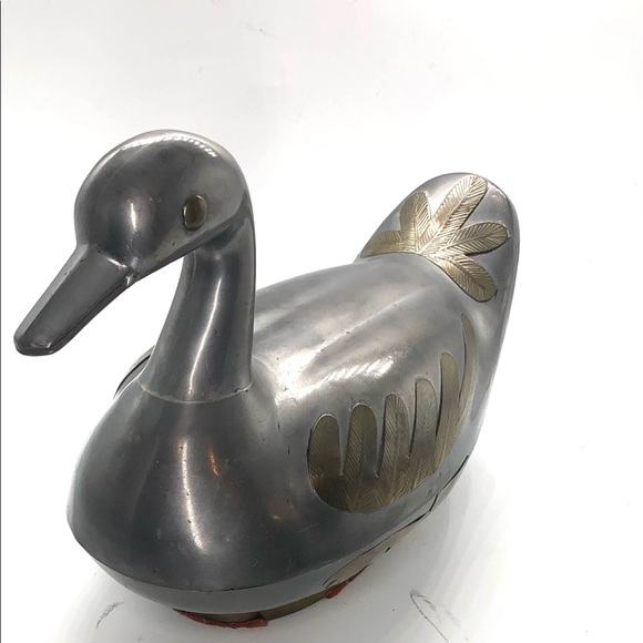 Vintage Pewter and Brass Silver Metal Duck Bowl With Lid Metal Home decor - Picture 5 of 5